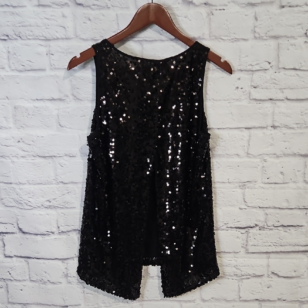 Express Shimmering Black Split Back Sequin Tank T… - image 5
